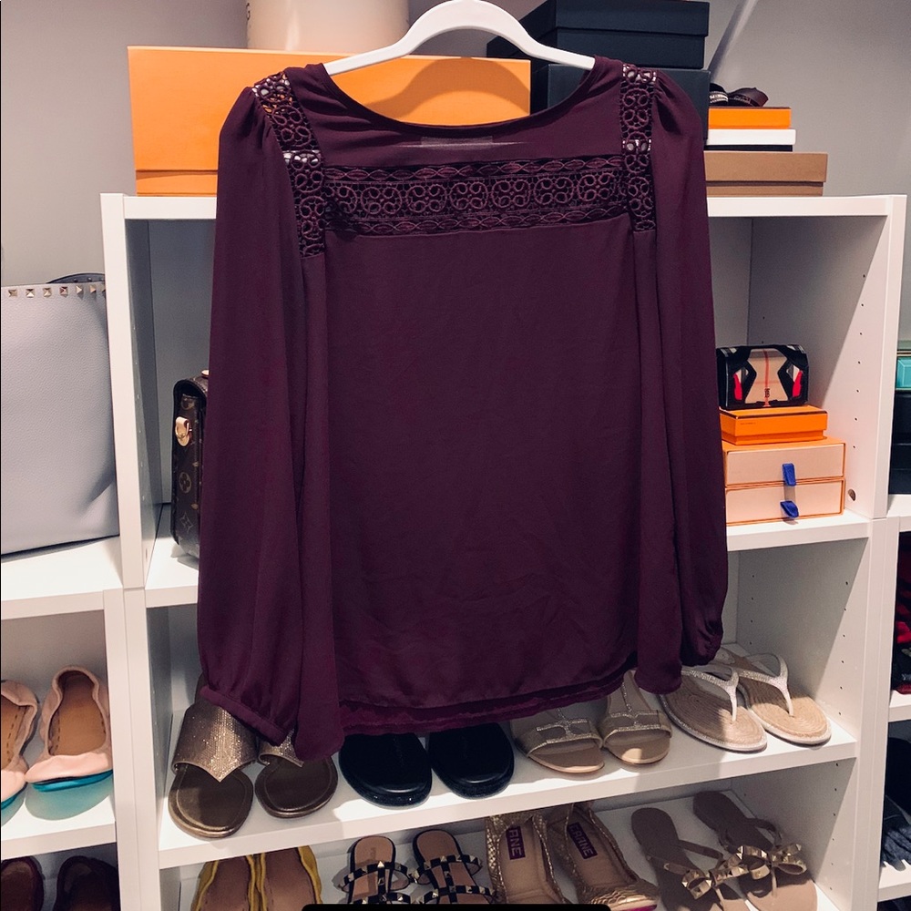 Ann Taylor Loft XS Top Shirt Blouse Plum Mix Media